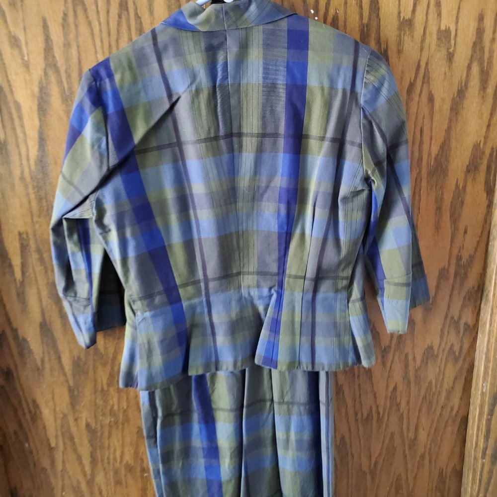 1950s Two Piece Vintage Plaid Wiggle Dress and Jacket, with Belt - Picture 2 of 5